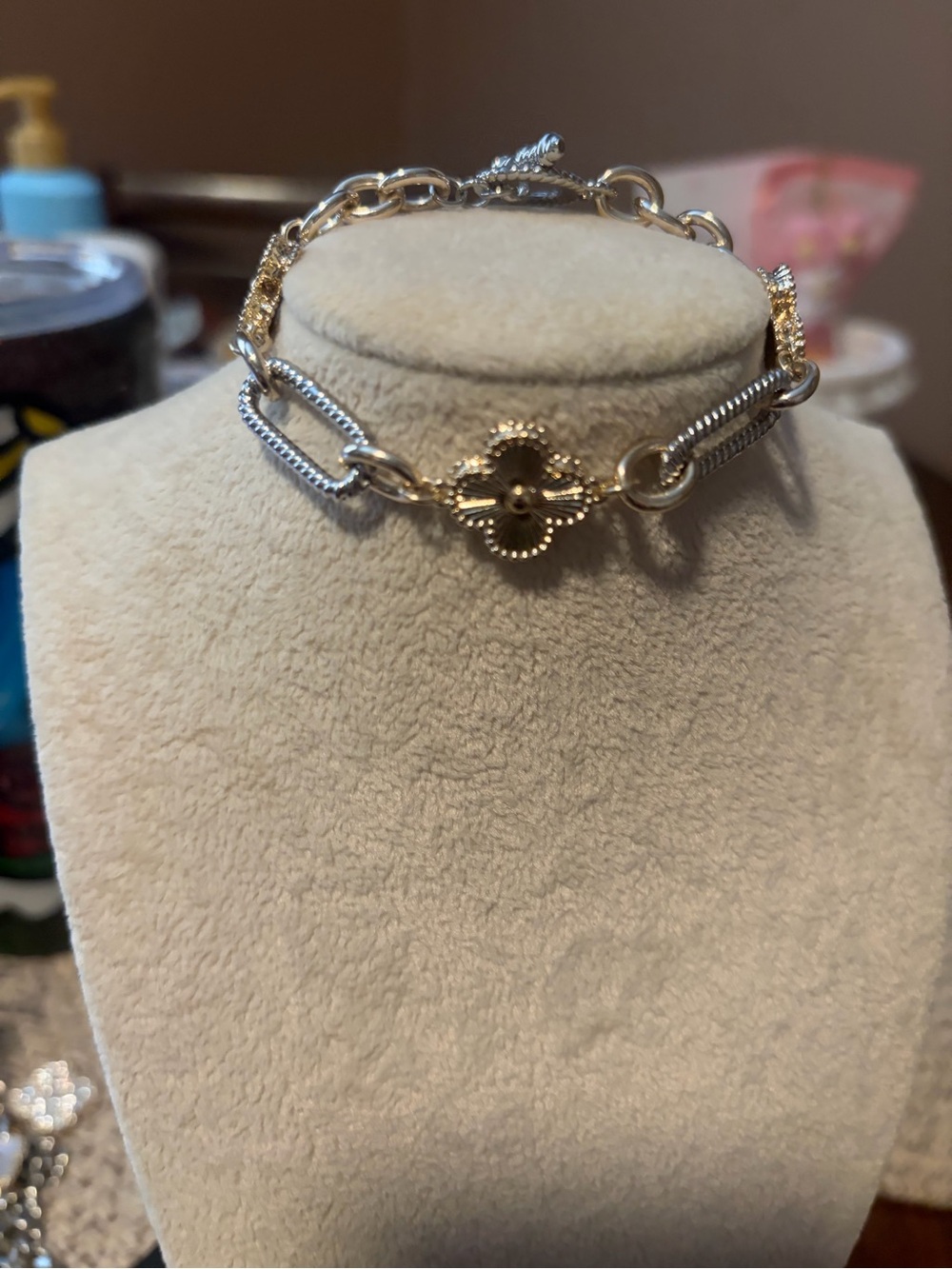 Gold and Silver Mixed-Metal Flower Link Bracelet